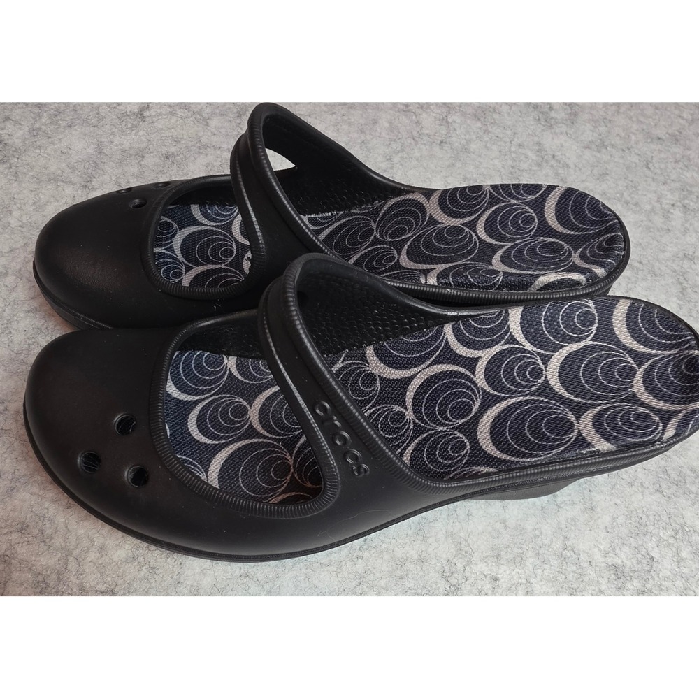 Crocs Sassari Black Wedge Sandals Mary Jane Patterned Footbed Womens 7